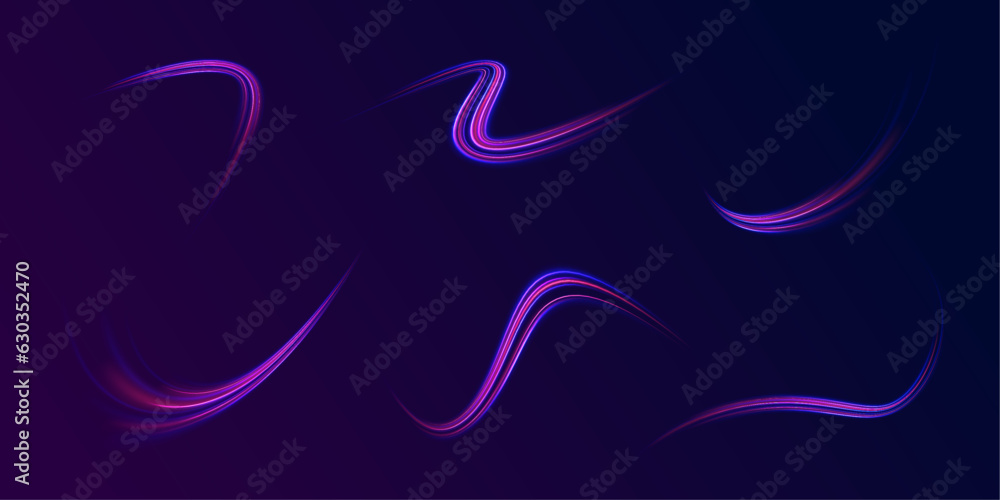 City light trails motion background. Abstract neon background with shining wires. Speed light streaks vector background with blurred fast moving light effect, blue purple colors on black. City light trails motion background. Abstract neon background with shining wires. Speed light streaks vector background with blurred fast moving light effect, blue purple colors on black.