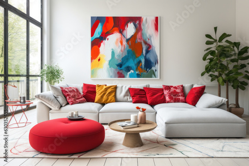 Colorful pillows on red couch in white living room with gray rug.. photo