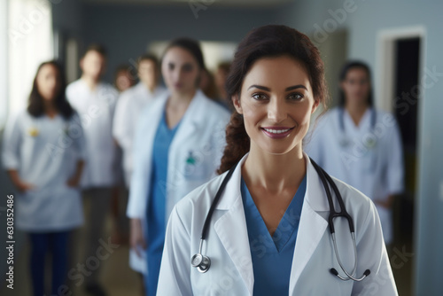 Smiling female doctor in hospital corridor, diverse medical staff behind.