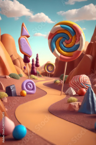 Candyland, road in the mountains. Fairyland of childhood. Vertical illustration. AI generative.