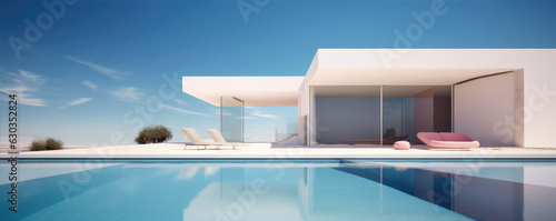 Modern clean minimalistic house with swimming pool and blue sky in summer day. Vacation best property.