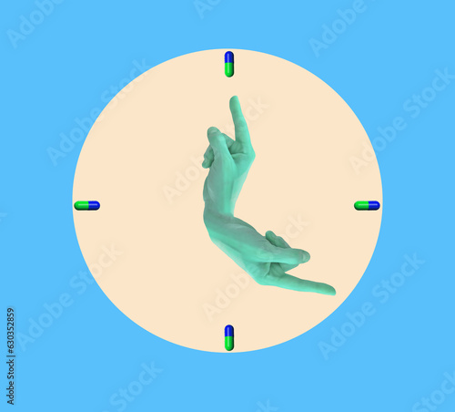 yellow clock on blue background with tablets announcing the hours and hands like clock hands photo