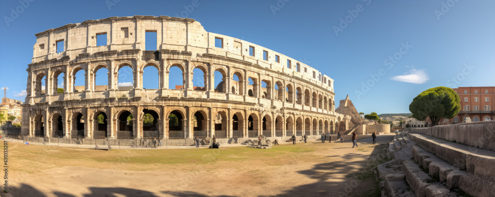 Obraz premium Historical amphitheater stones round building. panorama photo