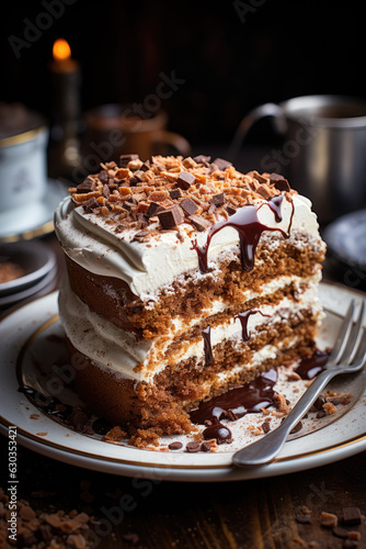 Shallow depth of field, with the cake in focus and background blurred, cake and coffee cup, Antique spoon, elegant coffee cup, and chocolate shavings.Created with Generative AI Technology. 