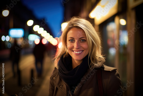 Jeune femme blonde souriante cheveux mi-long en automne hiver dans la rue le soir avec les lumières flou de la ville en arrière plan
