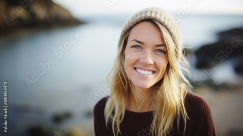 jeune femme blonde de type nordique souriante avec un bonnet en laine au bord de la mer ou d'un lac en arrière plan