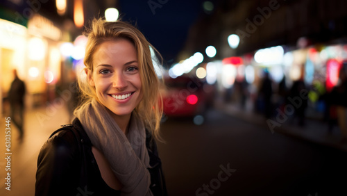 Jeune femme blonde souriante cheveux mi-long en automne hiver dans la rue le soir avec les lumières flou de la ville en arrière plan © Sébastien Jouve