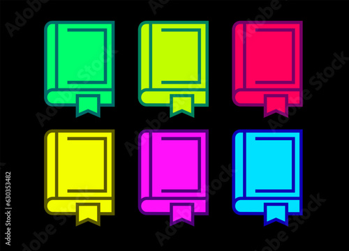 Book neon icons. Textbook silhouette in bright colors. Glowing neon book sign. Set of vector icons.