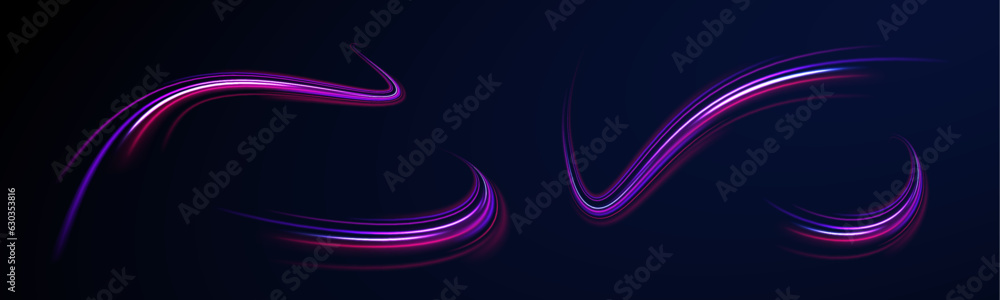 Obraz premium Fast speed car. Long yellow and red way effect. City light trails motion background. Illustration of high speed concept. Curved light trail stretched upward. Vector Illustration.