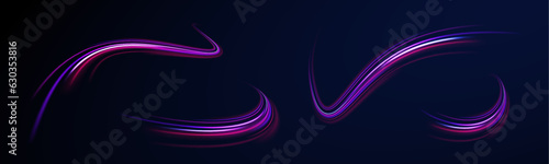  Fast speed car. Long yellow and red way effect. City light trails motion background. Illustration of high speed concept. Curved light trail stretched upward. Vector Illustration.