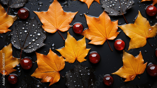 Autumn colorful leaves background, adorned with glistening raindrops of water. top down view. shot using a dsIr camera, iso 800. professional color. photo