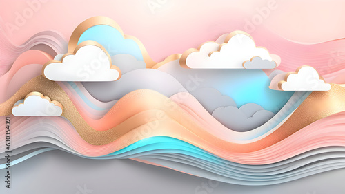 clouds, mousse, A light Pink, peach, cyan, grey, colors striped and waves banner with golden pattern, white background, graphic design 8K, 3D parallax effect, ornate, ai generated