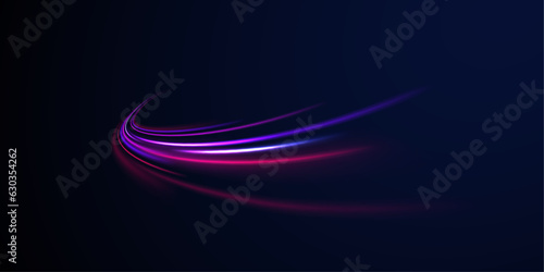 Purple glowing wave swirl. Light and stripes moving fast over dark background. Neon color glowing lines background, high-speed light trails effect. 