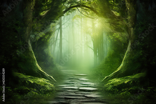 Mystical Journey A Road Through the Enchanting Dark Forest - Captivating Natural Background. created with Generative AI