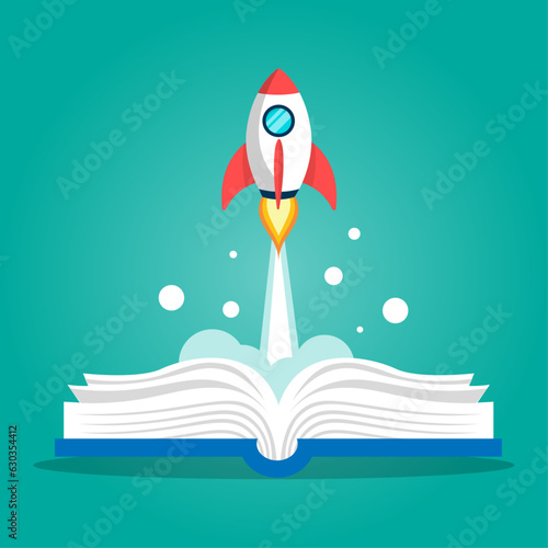 Open book with rocket ship flying out on blue background. Vector illustration flat design. Educational and learning concepts. Reading and knowledge logo.