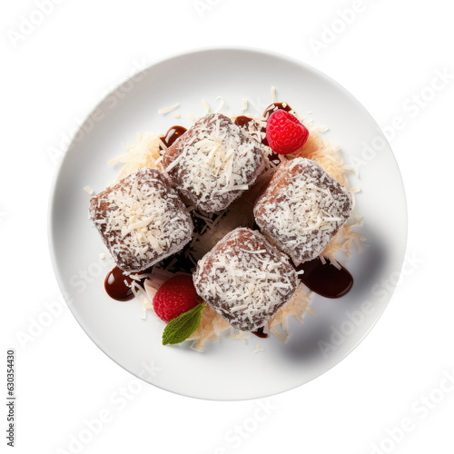 Lamingtons Australian Cuisine On White Plate On Isolated Transparent Background, Png photo