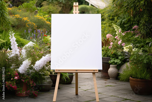 Foto A  white blank easel with summer  garden with flowers around, easel mock up