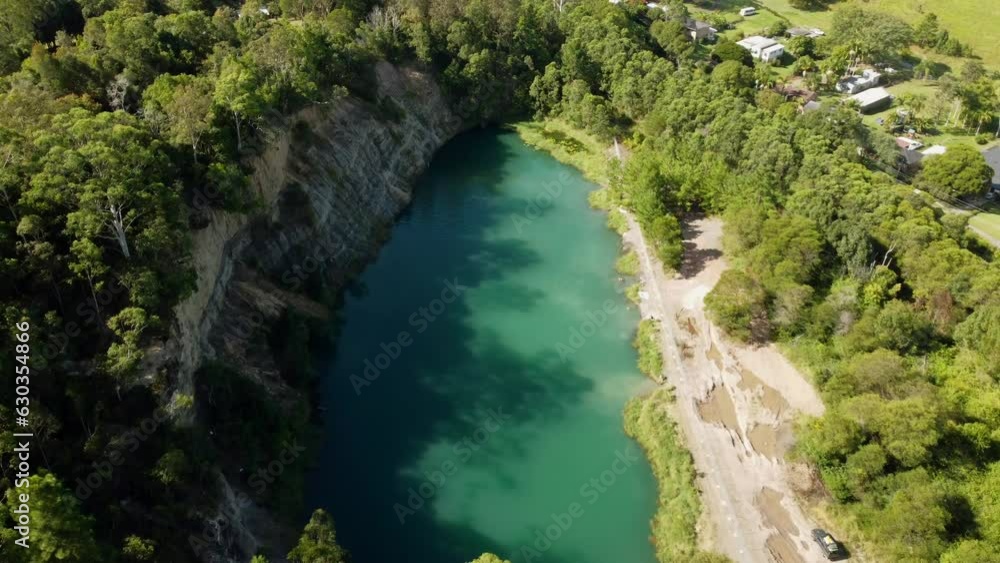 Drone view over an azure lake surrounded by green vegetation Drone view over an azure lake surrounded by green vegetation