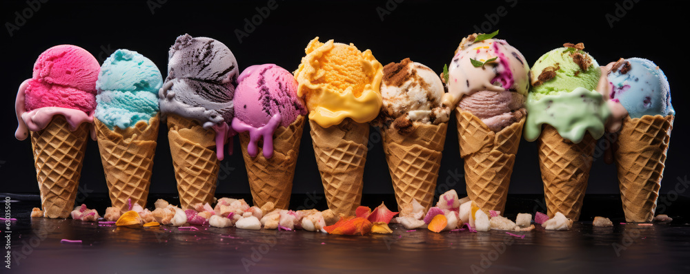 variety color ice cream in cones. wide banner