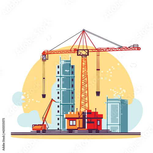 Construction site. Building work process with houses and construction machines. Vector illustration