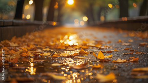 Autumn rain  yellow leaves lying on wet road  graphic background.