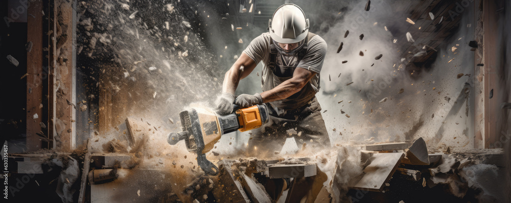 Worker on construction use jackhammer heavy duty equipment.