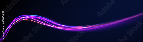 Racing cars dynamic flash effects city road with long exposure night ligh. Panoramic high speed technology concept, light abstract background. Abstract neon background with shining wires.	