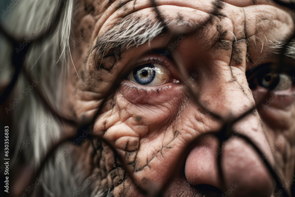 Alter Mann schaut durch einen Zaun