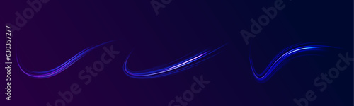 Elegant bright neon linear wave. Abstract light lines of movement and speed with blue color and sparkles. Vector background. Neon glowing curves strewn with sparks in a dark space. 