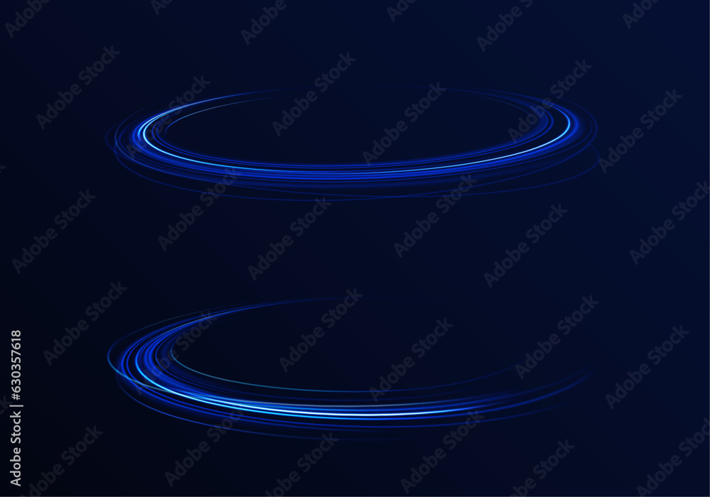 Obraz premium Elegant bright neon linear wave. Abstract light lines of movement and speed with blue color and sparkles. Vector background. Neon glowing curves strewn with sparks in a dark space.