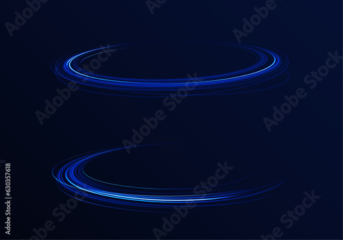 Elegant bright neon linear wave. Abstract light lines of movement and speed with blue color and sparkles. Vector background. Neon glowing curves strewn with sparks in a dark space.	