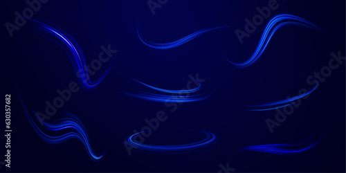 Elegant bright neon linear wave. Abstract light lines of movement and speed with blue color and sparkles. Vector background. Neon glowing curves strewn with sparks in a dark space.	