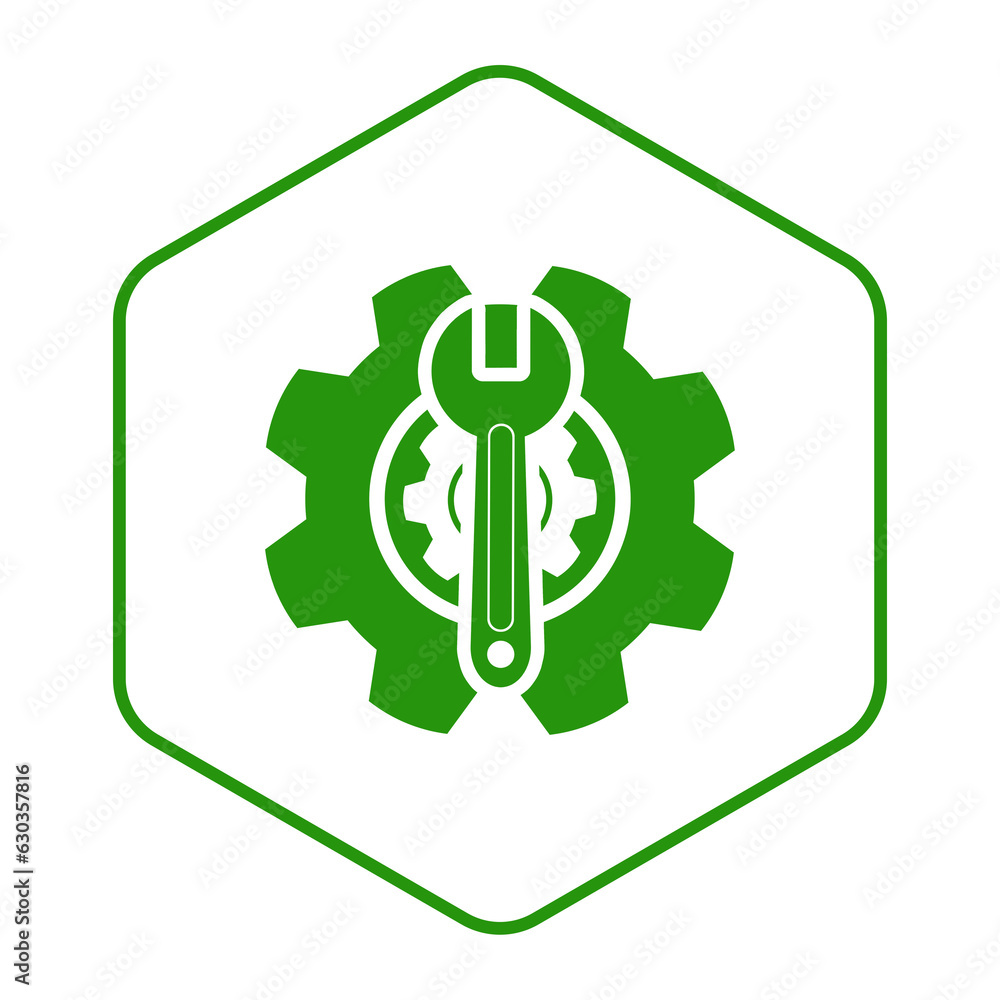 green spanner and cog gear hexagon frame icon green spanner and cog gear hexagon frame icon