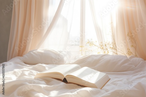 a book placed on a bed with white linen, illuminated by the gentle morning light filtering through the curtains