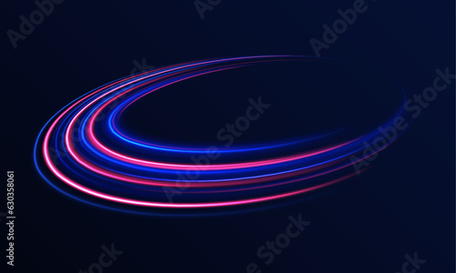 Purple glowing wave swirl. Neon color glowing lines background, high-speed light trails effect. Magic of moving fast speed police lines. Red and blue glowing neon lights line. Particle motion effect. 
