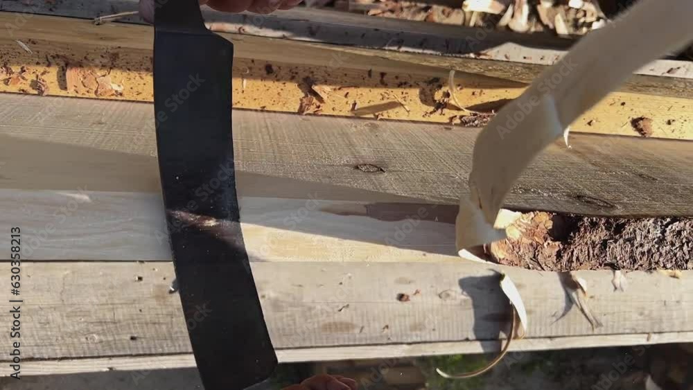Male hands process boards from the bark with a hand tool. Slow motion video. High quality Full HD footage Male hands process boards from the bark with a hand tool. Slow motion video. High quality Full HD footage