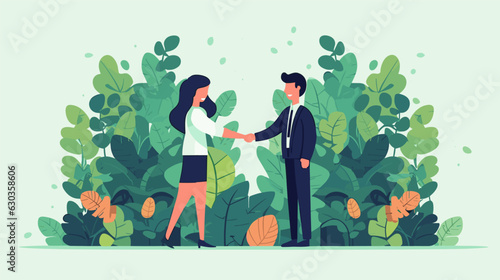 Vector man and woman shaking hands on nature background flat style minimalism