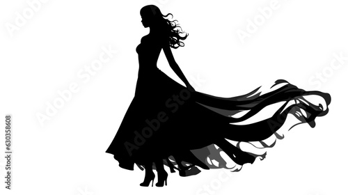 Silhouette of a black girl in a flowing dress on a white background vector