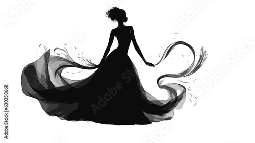 Silhouette of a black girl in a flowing dress on a white background vector