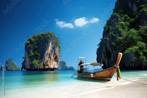 Tropical Paradise Thailand Beach on a Serene Island with Travel Boats during a Breathtaking Summer at Sea. created with Generative AI
