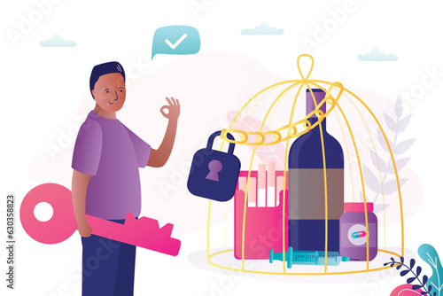 Freedom from drugs, nicotine and alcoholic addiction. Male character used key and locked addictions in cage. Rejection of bad habits. Mental and physical healthy lifestyle.