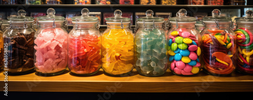 Jars filled with assorted multicolored candies.