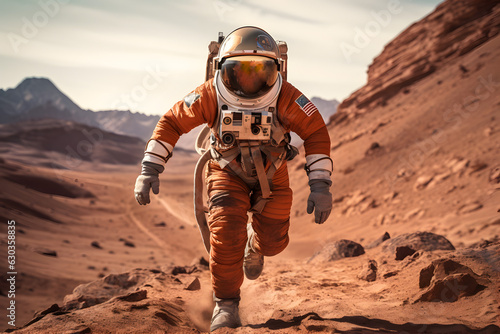 Spaceman or astronaut running on Mars
