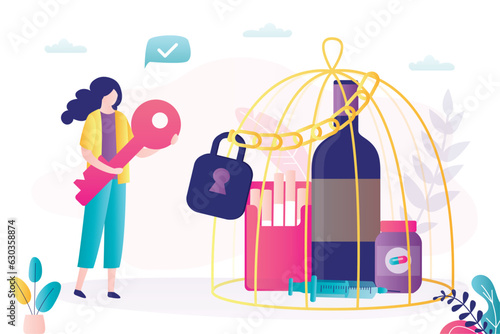 Freedom from drugs, nicotine and alcoholic addiction. Female character used key and locked addictions in cage. Rejection of bad habits. Mental and physical healthy lifestyle.