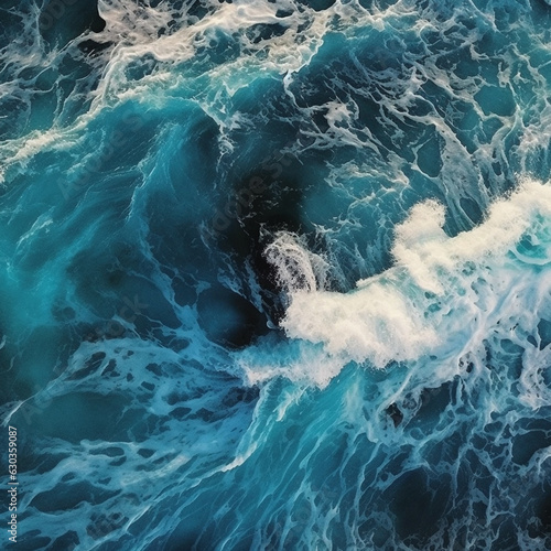 Awe-Inspiring Aerial View of Turbulent Blue Waters with Waves and White Foam Crests - AI generated