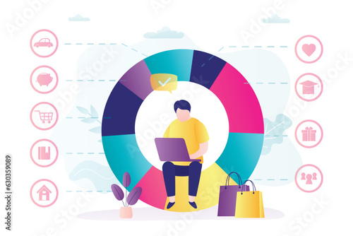 Smart man uses laptop and planning personal budget in financial planner app. Male character thinking about earnings and spendings. Businessman sitting in round pie chart with indicators.