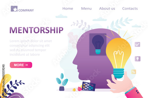 Mentorship, business leadership, landing page template. Hand of business coach or tutor inserts an idea light bulb into student head. Education, brainstorming, pitching ideas concept.