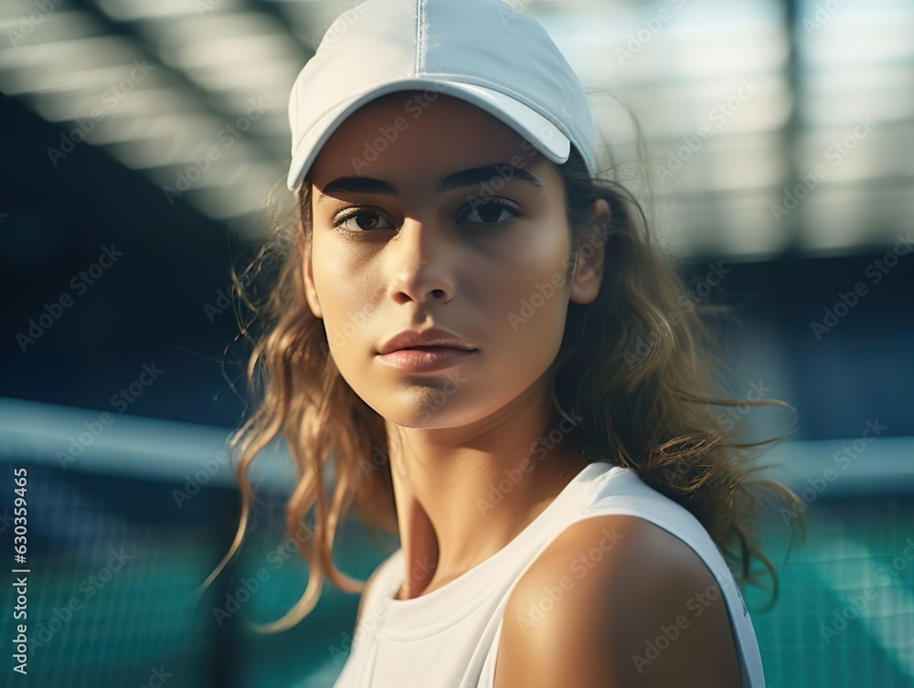Beautiful female tennis player athlete with white cap. Tennis net and court background. Generative Ai technology. Beautiful female tennis player athlete with white cap. Tennis net and court background. Generative Ai technology.