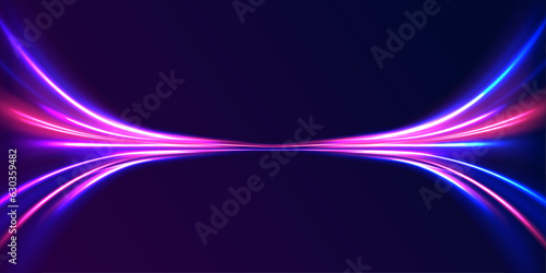 Fast speed car. Long yellow and red way effect. City light trails motion background. Illustration of high speed concept. Curved light trail stretched upward.	