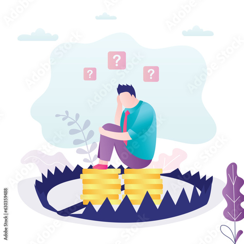 Businessman sit on gold coins in trap. Financial trap, high risk leading to bankruptcy, economic collapse. Money bait, deceit. Beginner trader with losses.